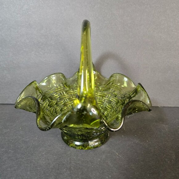 Vintage MCM Green Art Glass Basket Weave Pattern Design & Ruffled Edge *READ* - Picture 4 of 11